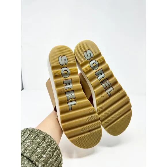 Sorel Cameron Tan Leather Platform Wedge Slide Sandals US 9.5