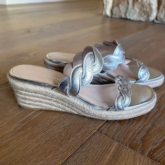 Stuart Weitzman Twisted Espadrille Slide Sandals In Platino