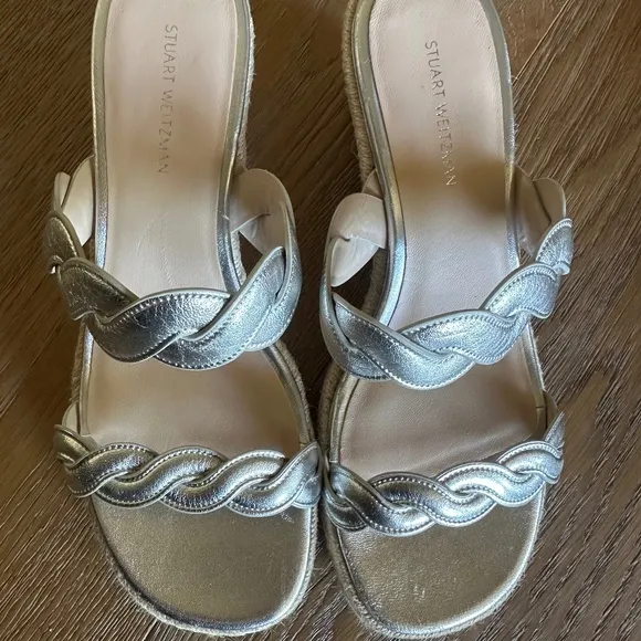 Stuart Weitzman Twisted Espadrille Slide Sandals In Platino