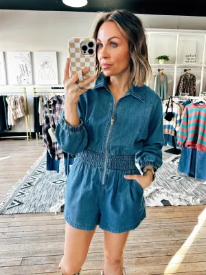 Sunset Stroll Front Zip Denim Romper