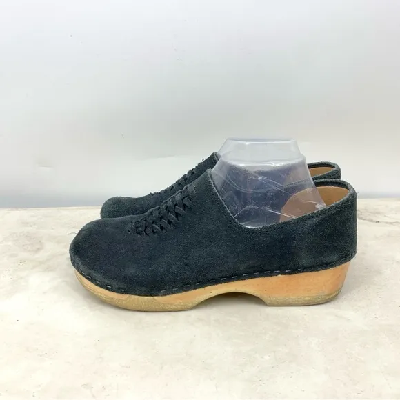 Sven No. 6 Clogs Women 41 Size 10 10.5 Black Suede Woven Shoes Wooden Slip On
