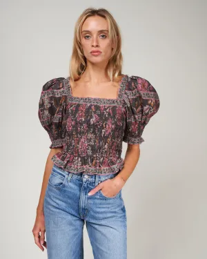 tess print puff slv smocked top - black