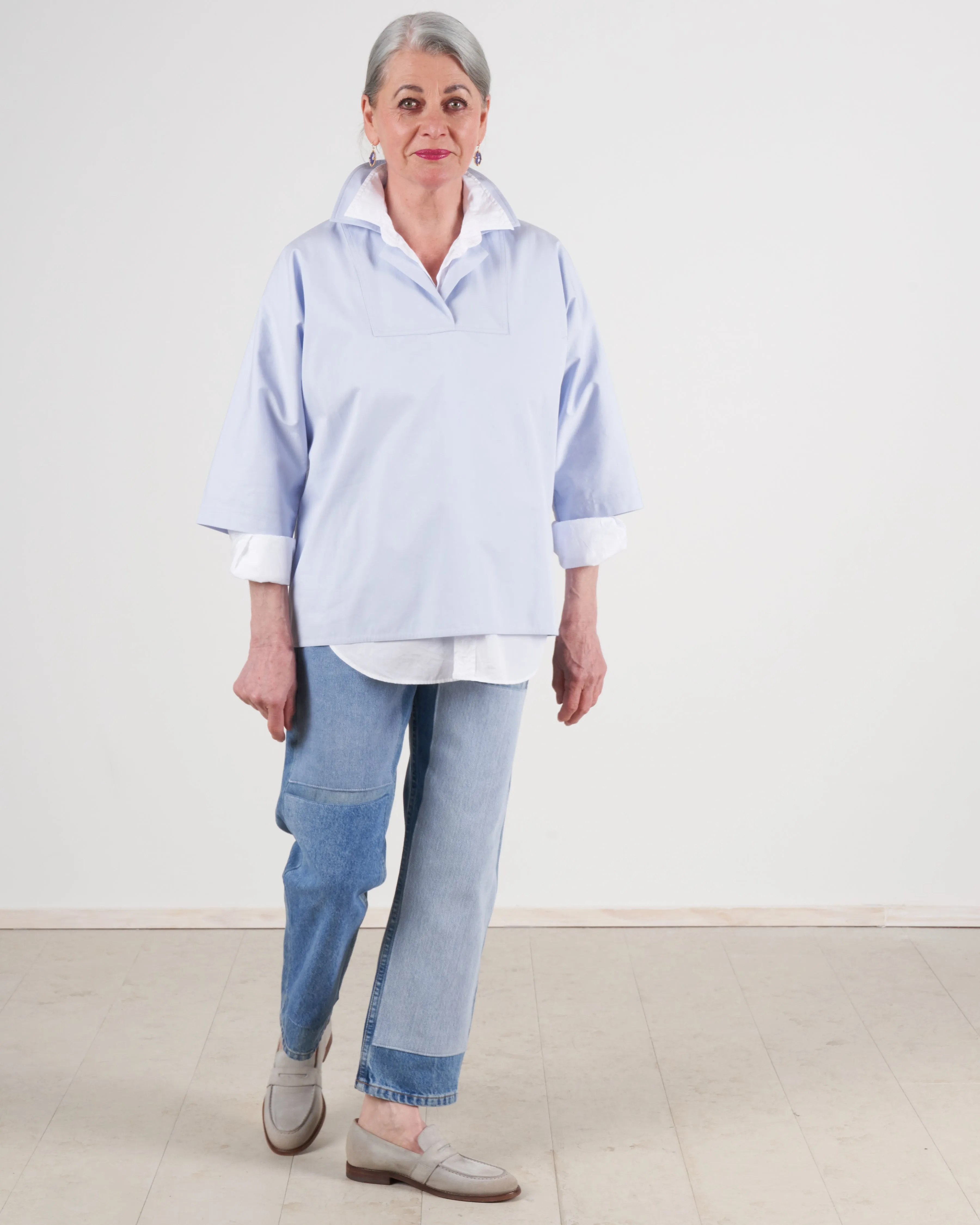 top with 3/4 sleeves and open collar - ice
