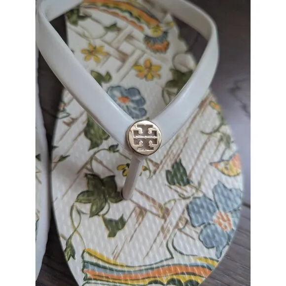 Tory Burch Emory Logo Floral With Birds Flip Flop Sandals Size 10