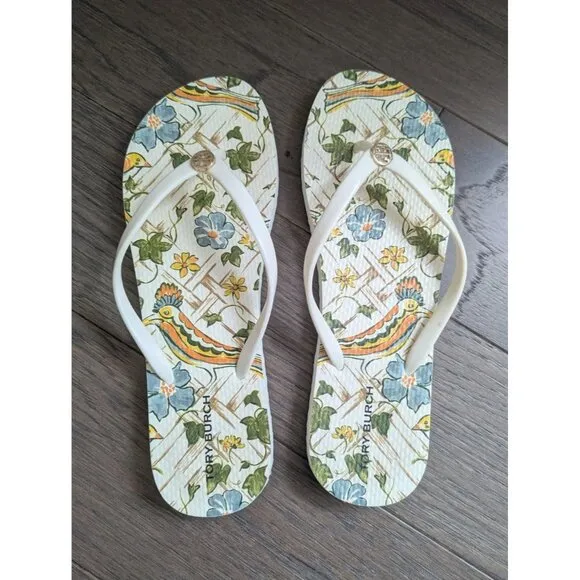 Tory Burch Emory Logo Floral With Birds Flip Flop Sandals Size 10
