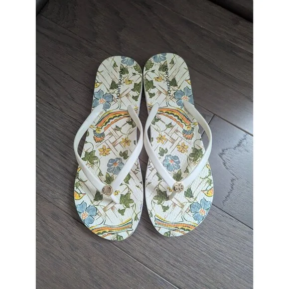 Tory Burch Emory Logo Floral With Birds Flip Flop Sandals Size 10