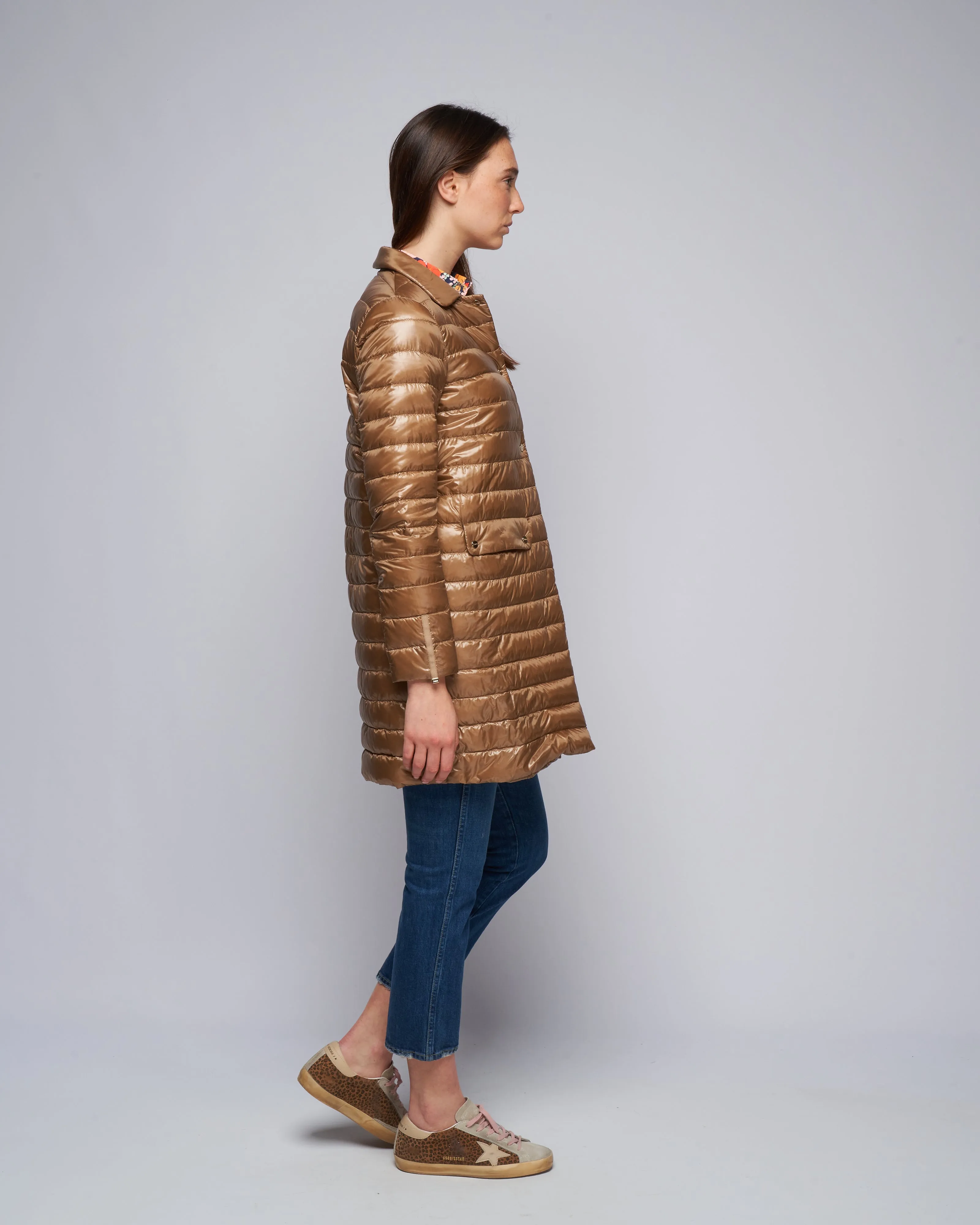 ultralight single breasted midi down jacket - bronze