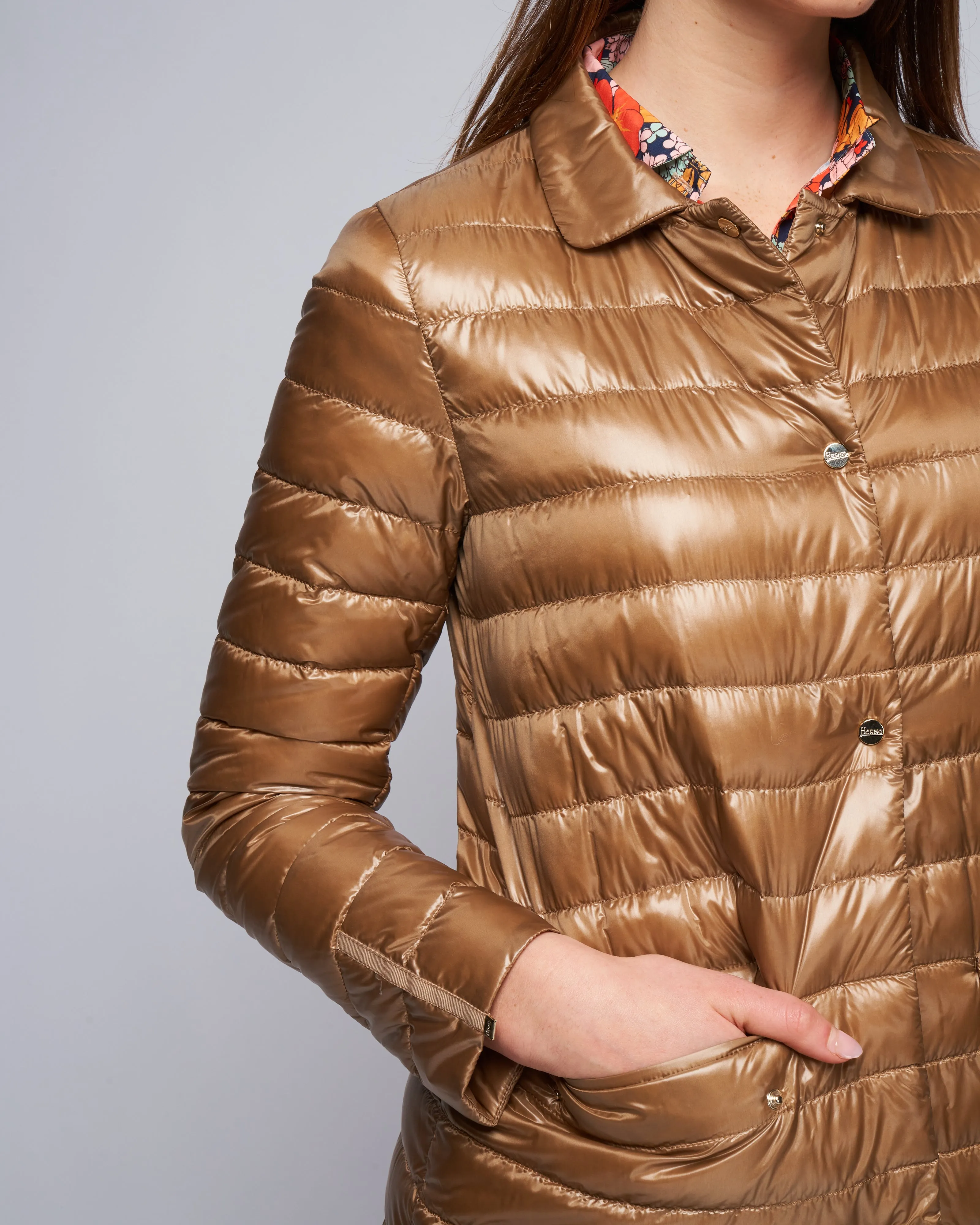 ultralight single breasted midi down jacket - bronze