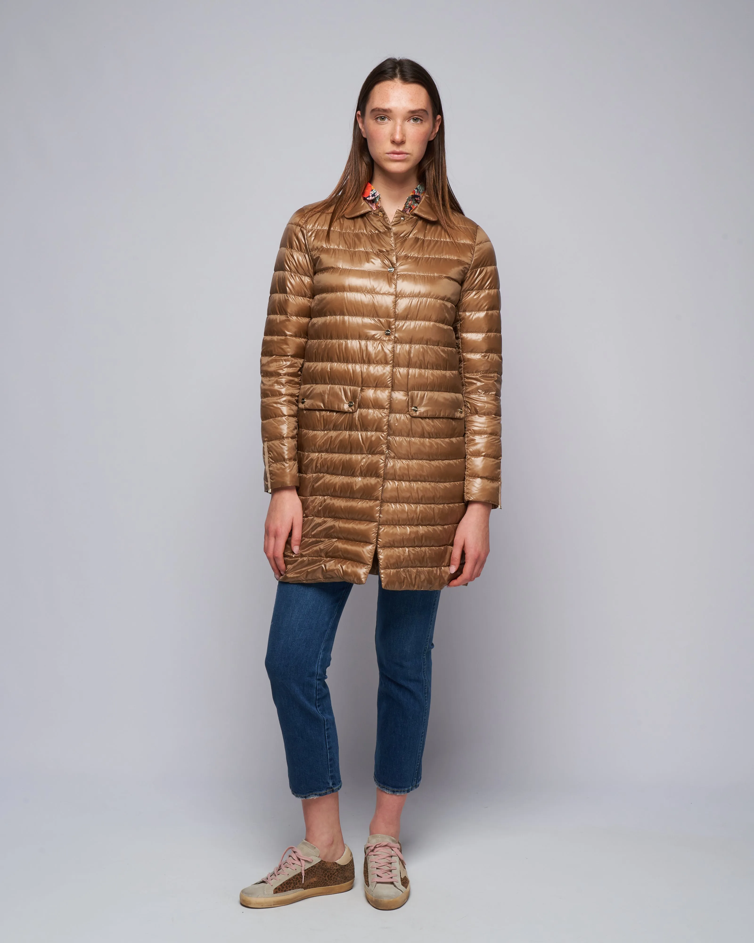 ultralight single breasted midi down jacket - bronze