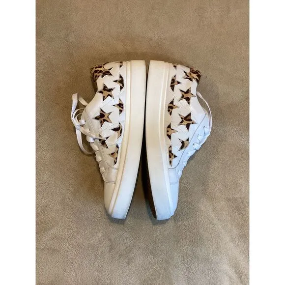 Vaneli Women's Yolen White Nappa Sneakers, Calf Hair Cheetah Print Stars; SZ 9.5