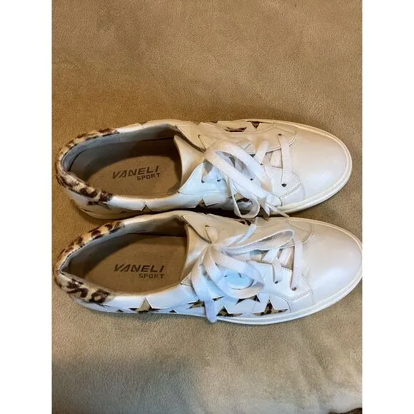 Vaneli Women's Yolen White Nappa Sneakers, Calf Hair Cheetah Print Stars; SZ 9.5