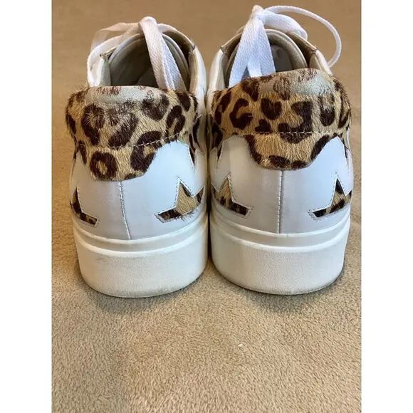 Vaneli Women's Yolen White Nappa Sneakers, Calf Hair Cheetah Print Stars; SZ 9.5