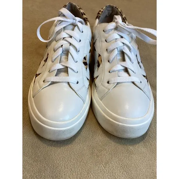 Vaneli Women's Yolen White Nappa Sneakers, Calf Hair Cheetah Print Stars; SZ 9.5