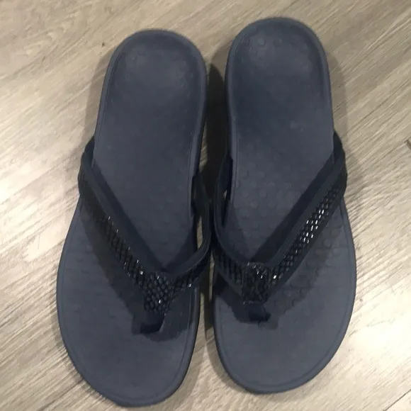Vionic Tide RS  Navy Sparkle Leather Strap Contour Flip Flop Sandals size 12