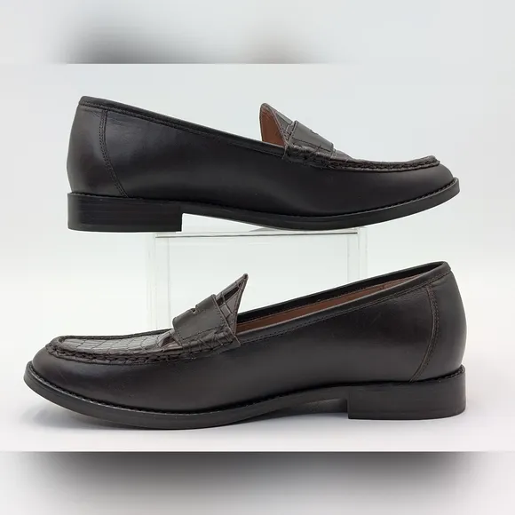 Vionic Waverly Croc Embossed Penny Brown Leather Slip On Loafers Women's 8.5