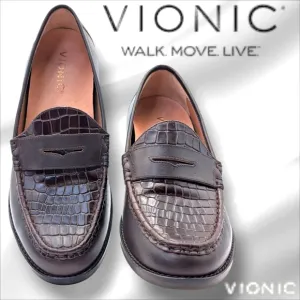 Vionic Waverly Croc Embossed Penny Brown Leather Slip On Loafers Women's 8.5