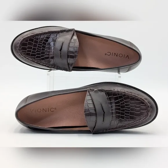 Vionic Waverly Croc Embossed Penny Brown Leather Slip On Loafers Women's 8.5