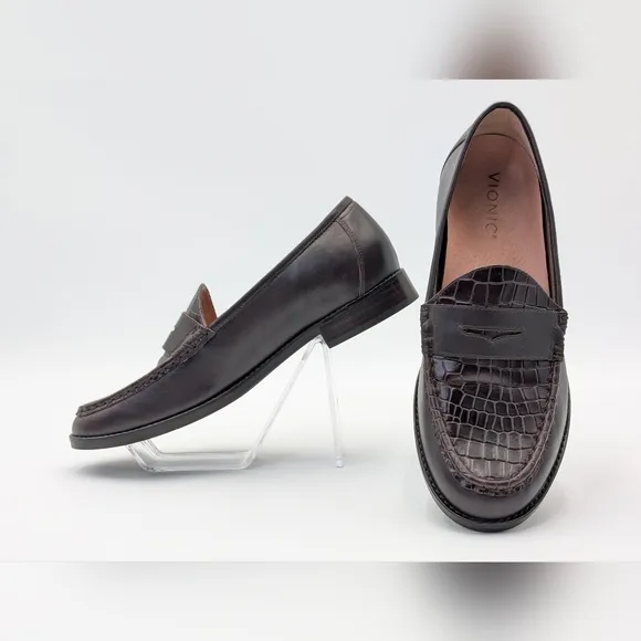 Vionic Waverly Croc Embossed Penny Brown Leather Slip On Loafers Women's 8.5