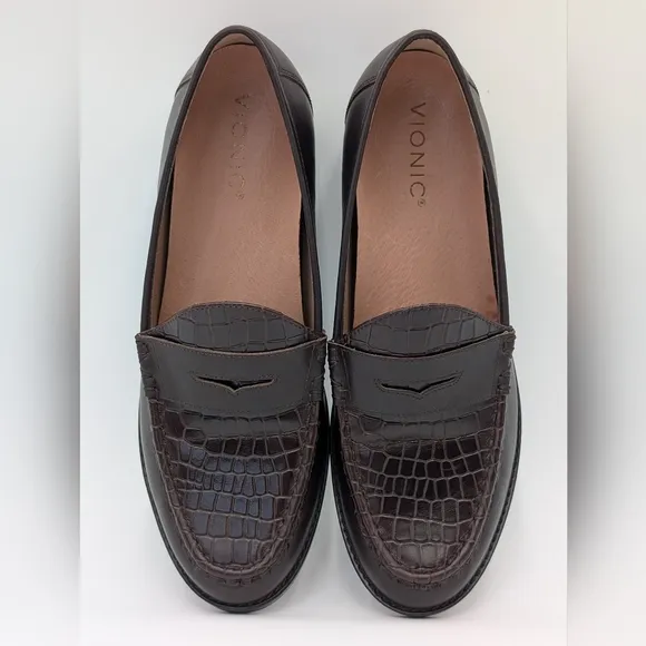 Vionic Waverly Croc Embossed Penny Brown Leather Slip On Loafers Women's 8.5