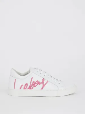 White Logo Embroidered Lace Up Sneakers