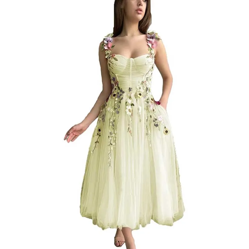 Women's 3D Flower Spaghetti Strap Prom Dress A-line Sweetheart Wedding Party Dress
