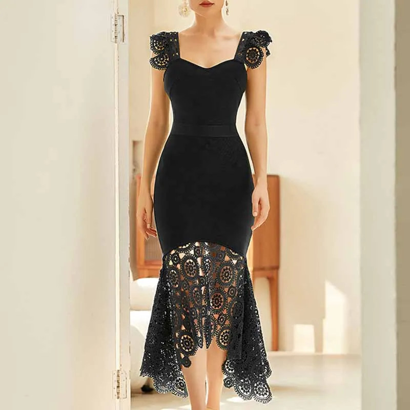 Women's Ruched Neck Fishtail Bandage Bodycon Dress Wedding Guest Party Dress
