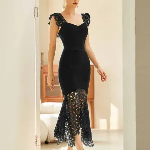 Women's Ruched Neck Fishtail Bandage Bodycon Dress Wedding Guest Party Dress