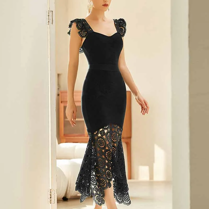 Women's Ruched Neck Fishtail Bandage Bodycon Dress Wedding Guest Party Dress