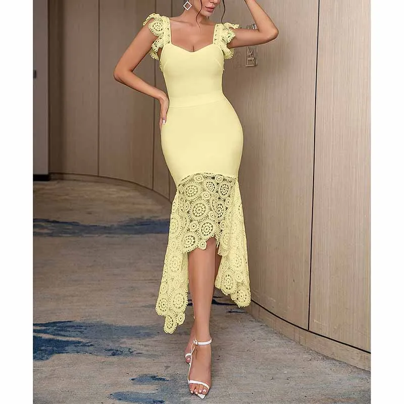 Women's Ruched Neck Fishtail Bandage Bodycon Dress Wedding Guest Party Dress