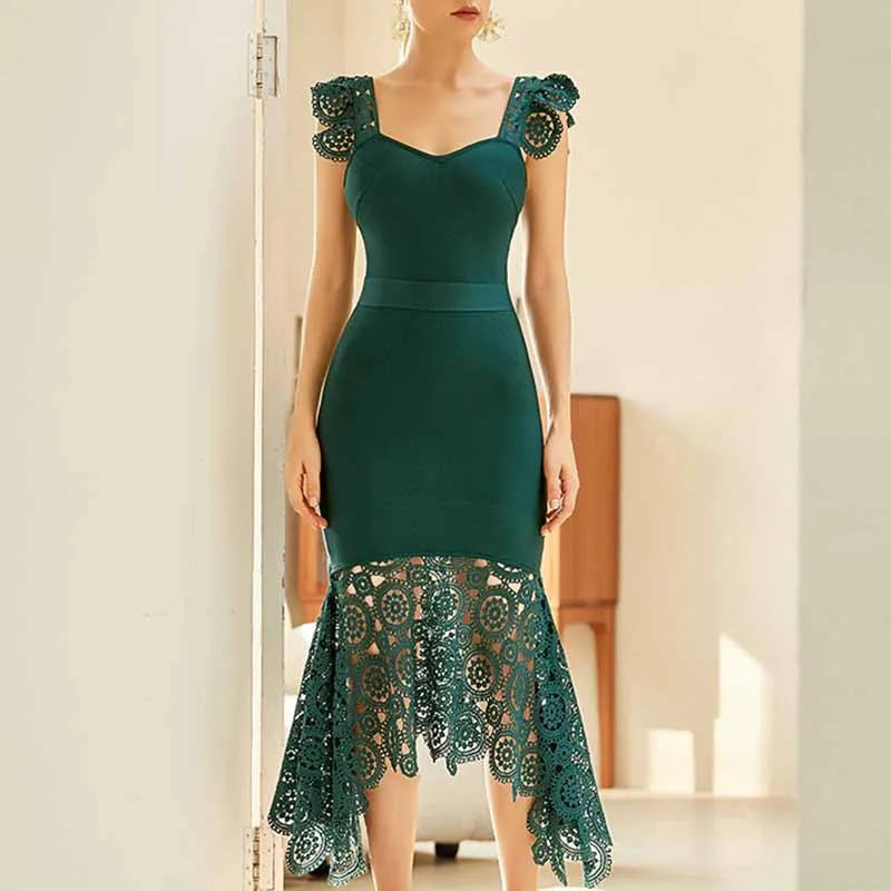 Women's Ruched Neck Fishtail Bandage Bodycon Dress Wedding Guest Party Dress