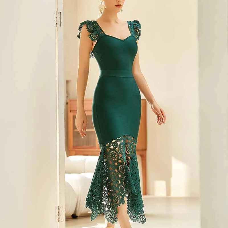 Women's Ruched Neck Fishtail Bandage Bodycon Dress Wedding Guest Party Dress